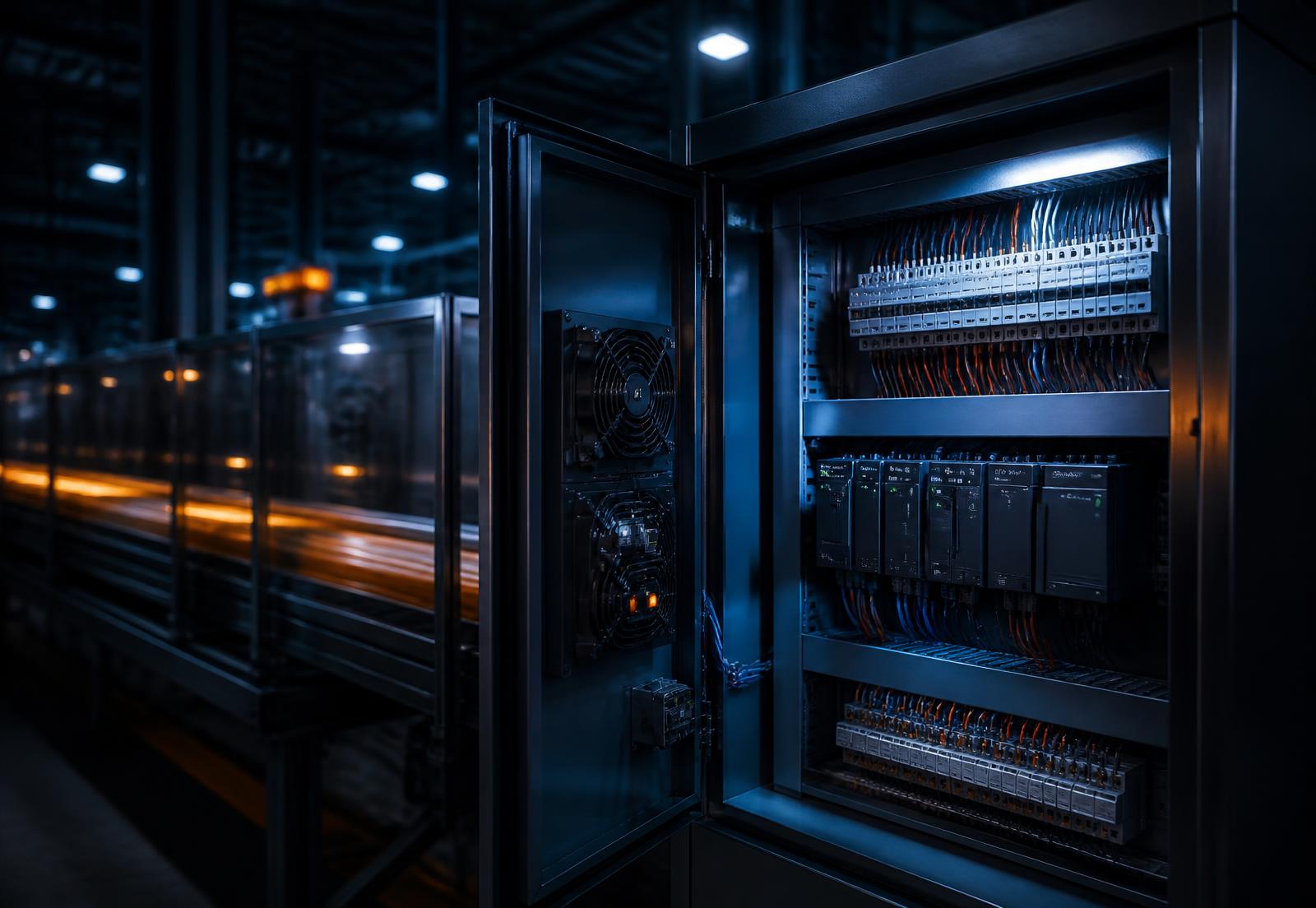 Open industrial control cabinet with PLC modules beside a running production line